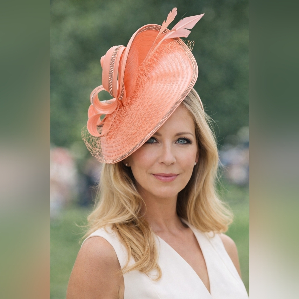 Peach Kentucky Derby Fascinator Hat w/ Rhinestones & Netting – Wedding Tea Party
